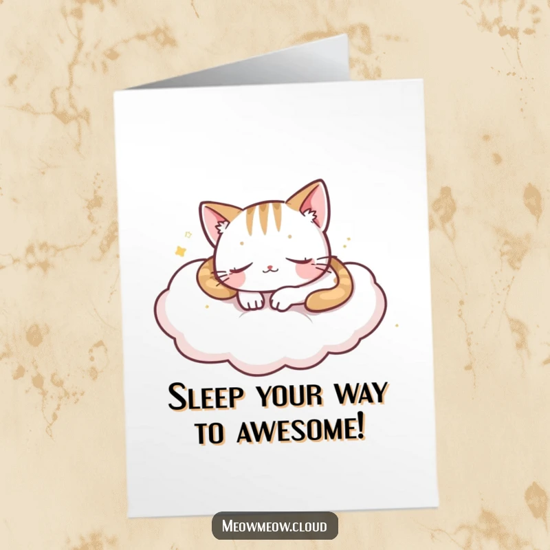 Funny Free Printable Birthday Card: A playful cat naps soundly on a soft cloud, dreaming sweet birthday wishes.