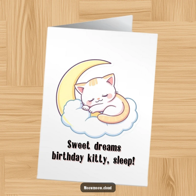 Funny Free Printable Birthday Card featuring a sleepy cat curled up cozily inside a crescent moon cloud.
