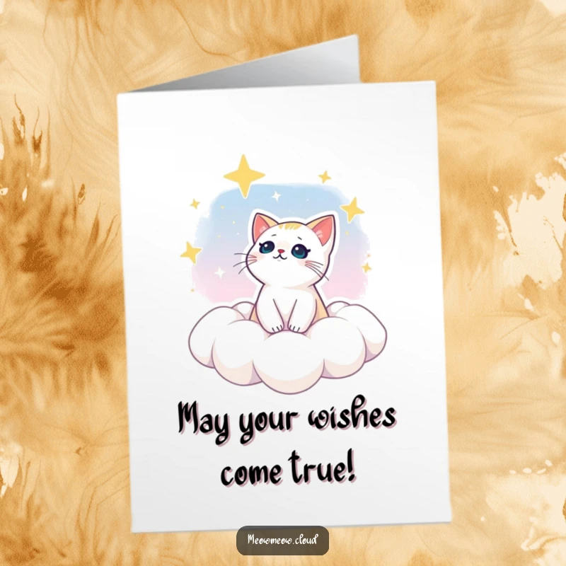 Funny Free Printable Birthday Card: A dreamy cat gazes at stars from a cloud, wishing happy birthday dreams.