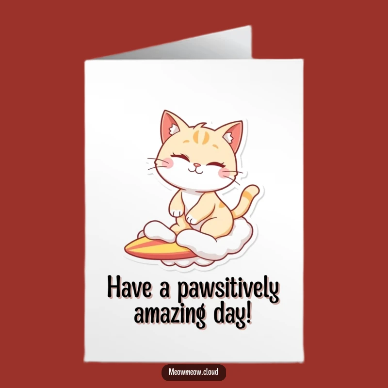 Free Printable Birthday Card: Winking Cat Cloud Surfer - Funny Downloadable Gift