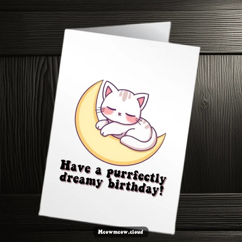 Funny Free Printable Birthday Card: Adorable cat napping on a crescent moon, serene digital art