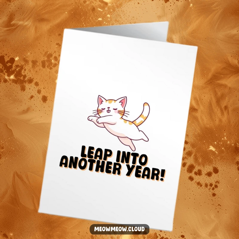 Funny Free Printable Birthday Card showing a cat leaping in a graceful arc across the sky, a dynamic and humorous wish.