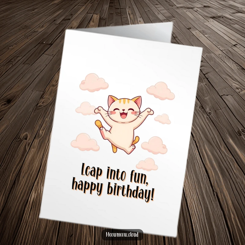 Funny Free Printable Birthday Card: A joyful cat leaps gracefully between soft, white clouds, celebrating.