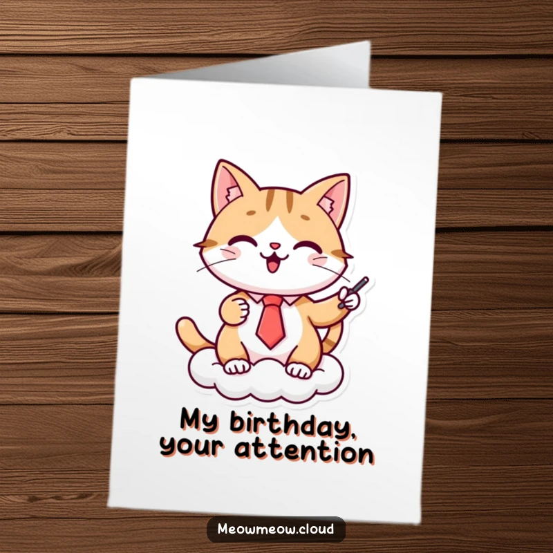 Funny Free Printable Birthday Card: Cheerful cat in tiny tie presents important info on a cloud with enthusiasm.