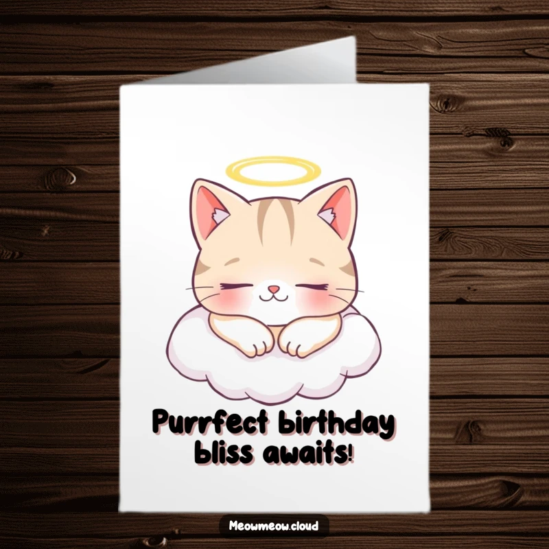 Funny Free Printable Birthday Card: Cheerful cat with a halo naps on a cloud, celebrating a birthday peacefully.