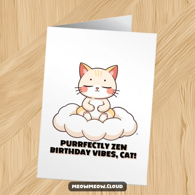 Funny Free Printable Birthday Card featuring a serene cat meditating peacefully on a fluffy cloud cushion.