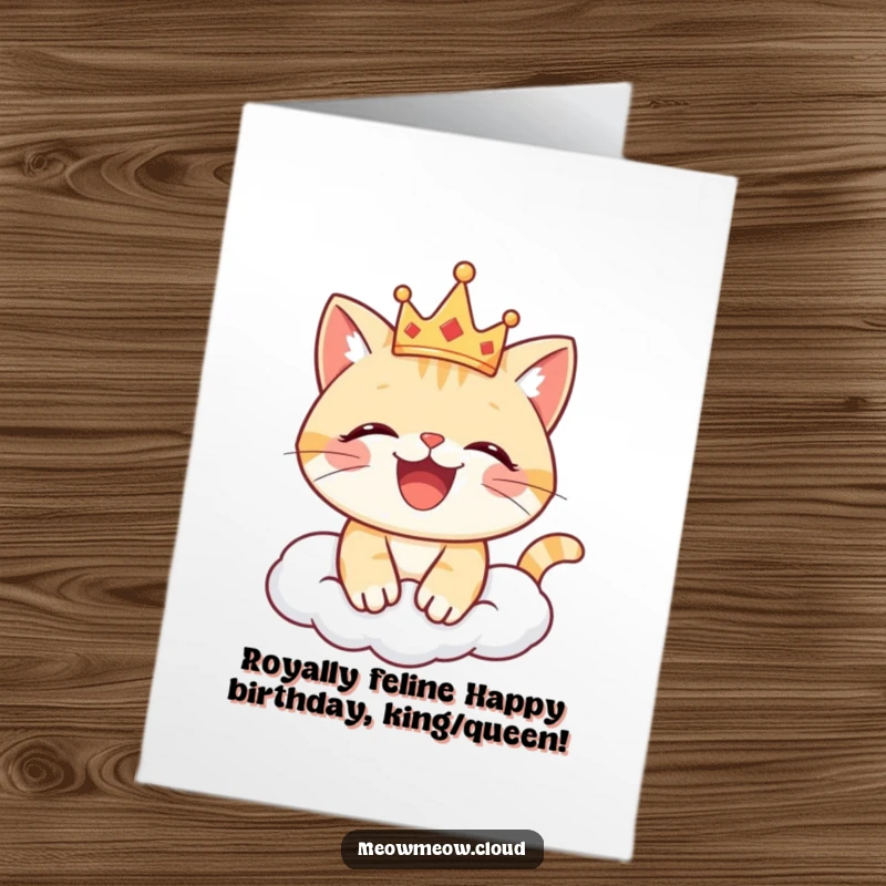 Funny Free Printable Birthday Card: Joyful cat wearing tiny crown on cloud, happy expression, regal downloadable greeting.