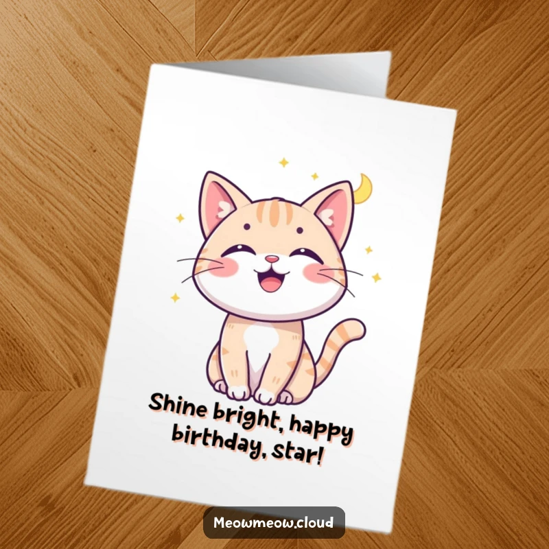 Funny Free Printable Birthday Card: Cheerful cat playfully batting at a luminous moonbeam with joy.