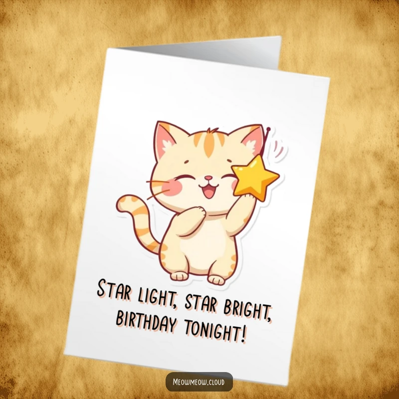 Funny Free Printable Birthday Card: Smiling cat batting a sparkly star with playful paws, digital art