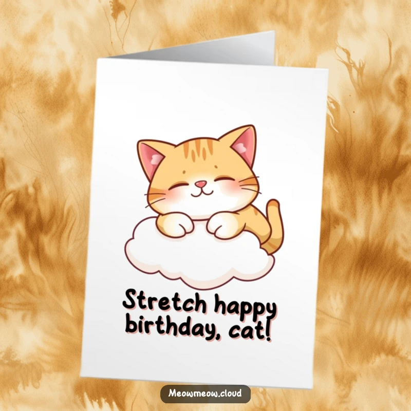 Funny free printable birthday card: A contented cat stretches luxuriously on a soft cloud, embodying pure relaxation.