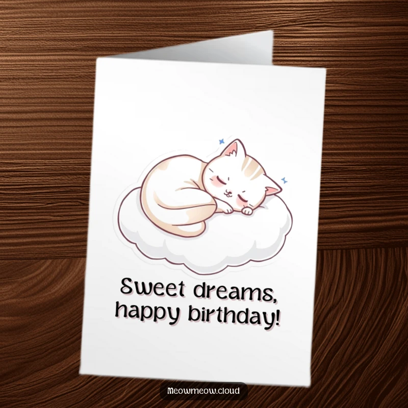 Funny Free Printable Birthday Card: A sleepy cat is curled up, snoozing soundly on a soft cloud pillow.