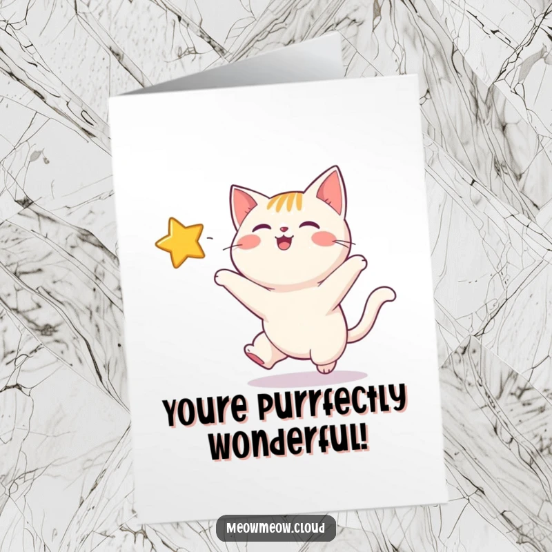 Funny Free Printable Birthday Card featuring a cartoon cat leaping joyfully after a shining star, a whimsical and exciting wish.