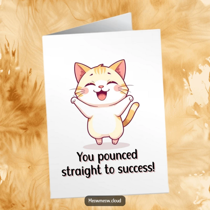 Funny Free Printable Congratulations Card: An ecstatic cat captured mid-pounce, celebrating a significant achievement.