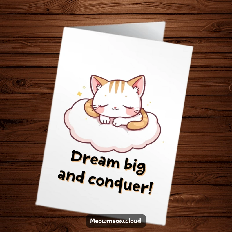 Funny Free Printable Congrats Card: A playful cat sleeps deeply on a fluffy cloud, symbolizing peaceful accomplishment.