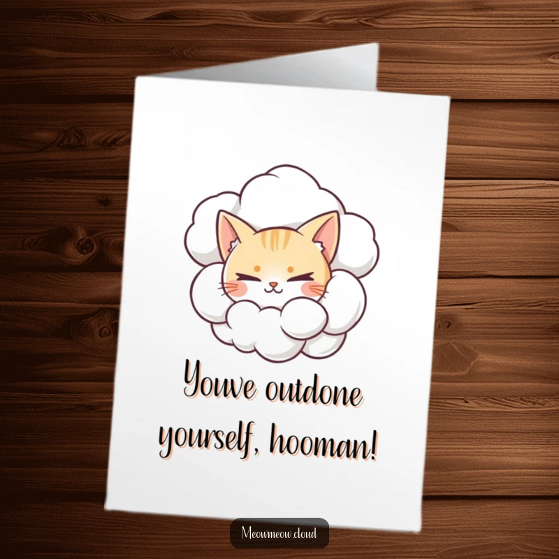 Funny Free Printable Congratulations Card: A sly cat peeks from behind a cloud, offering unexpected good news.