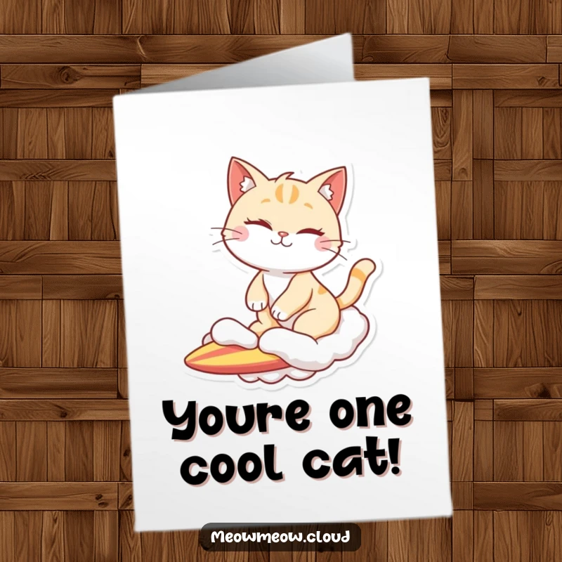 Funny Free Printable Congratulations Card: A cool winking cat rides a fluffy cloud like a surfboard, celebrating success.