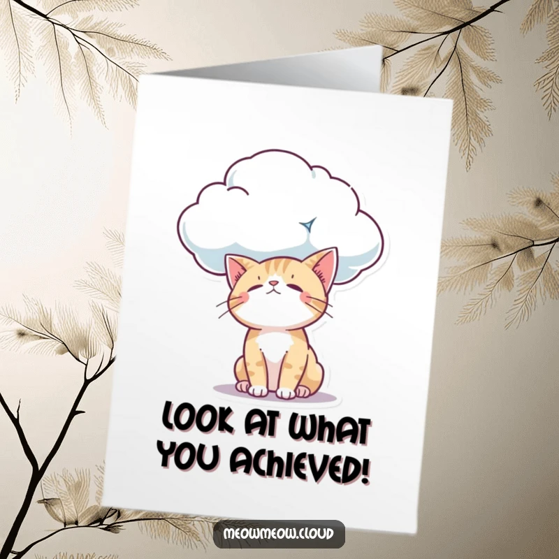 Funny Free Printable Congrats Card: A curious cat looks down from a cloud with profound wonder at a new achievement.