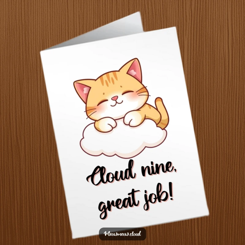 Funny free printable congratulations card: A happy cat stretches out on a soft cloud, expressing contentment and achievement.