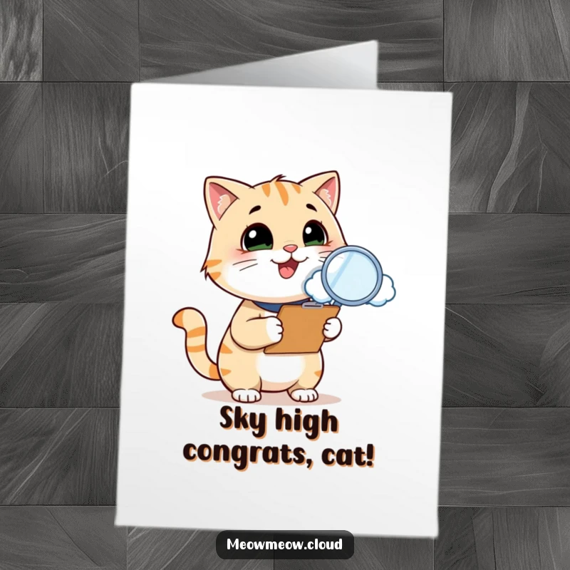 Funny Free Printable Congrats Card: Smiling cat with clipboard and magnifying glass inspects a cloud, finding something amazing.