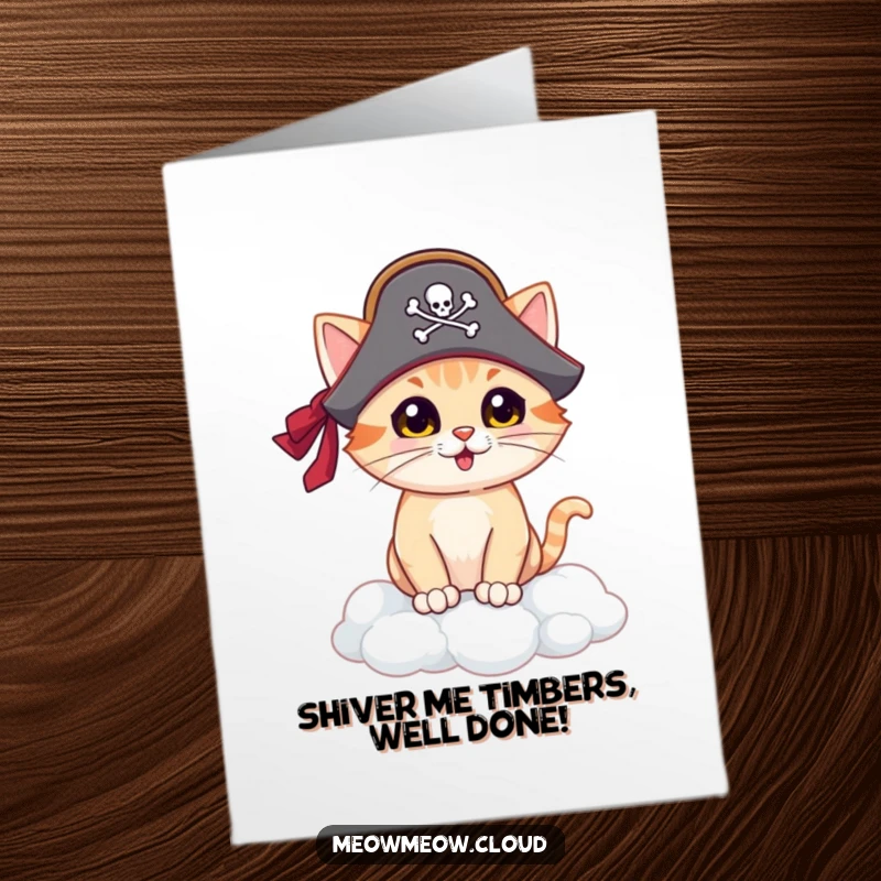 Funny Free Printable Pirate Cat Congratulations Card: Proud cat in pirate hat on cloud, celebrating success.