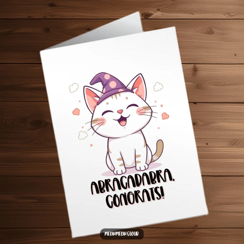 Funny Free Printable Wizard Cat Congratulations Card: Joyful cat in wizard hat casting confetti to celebrate a win.