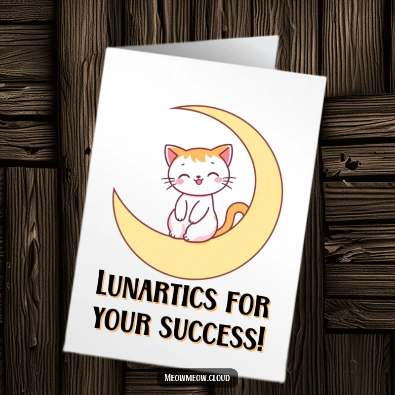 Funny Free Printable Congratulations Card: Smiling cat peacefully riding a crescent moon, symbolizing achievement and dreams.