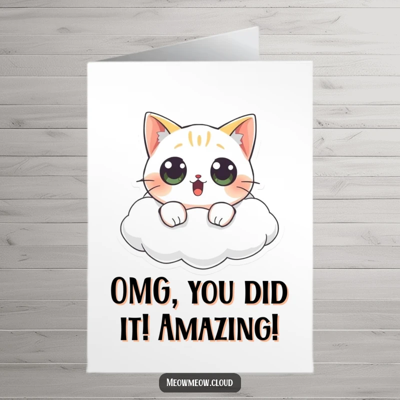 Funny Free Printable Congratulations Card: Surprised cat floating on cloud, wide eyes, amazed look, downloadable greeting.