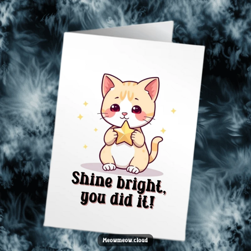 Funny Free Printable Congratulations Card: Cute cat artistically playing with a bright star, celebratory and cute.