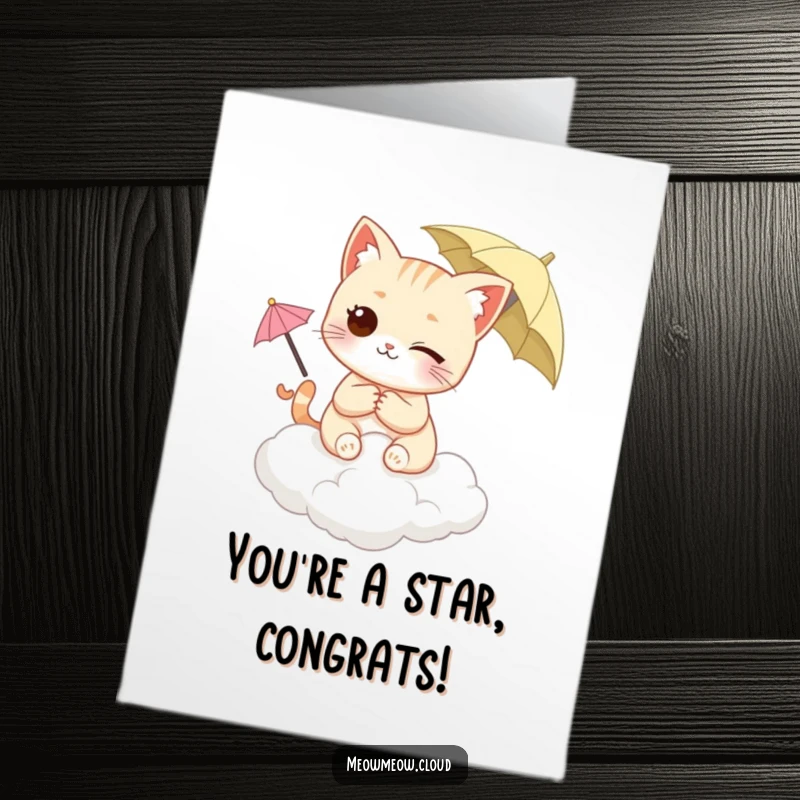 Funny free printable congratulations card: a winking cat holding an umbrella, sitting on a cloud, celebrating.