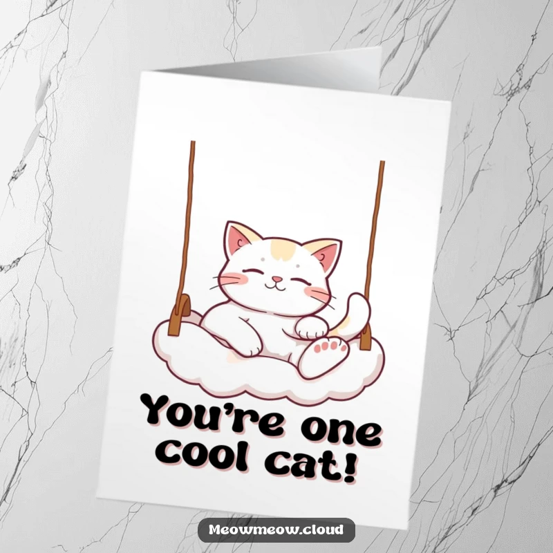 Funny Free Printable Relaxed Cat Congratulations Card, a serene cat lounging on a cloud swing, radiating happiness and calm after success.