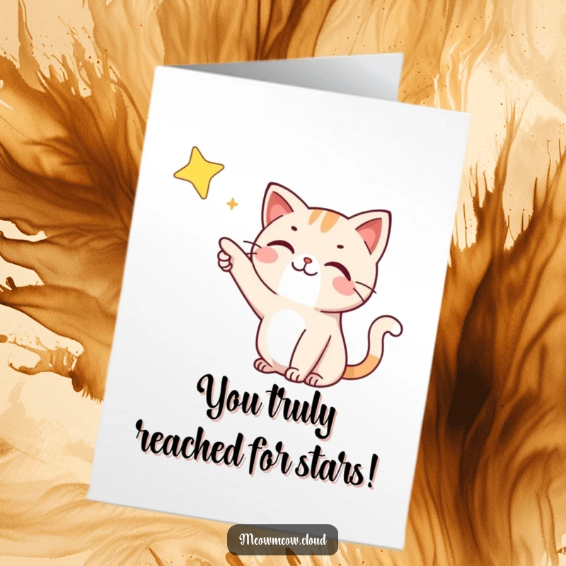 Funny Free Printable Congratulations Card: A happy cat gazes at a distant star, symbolizing ambitious success and congratulations.
