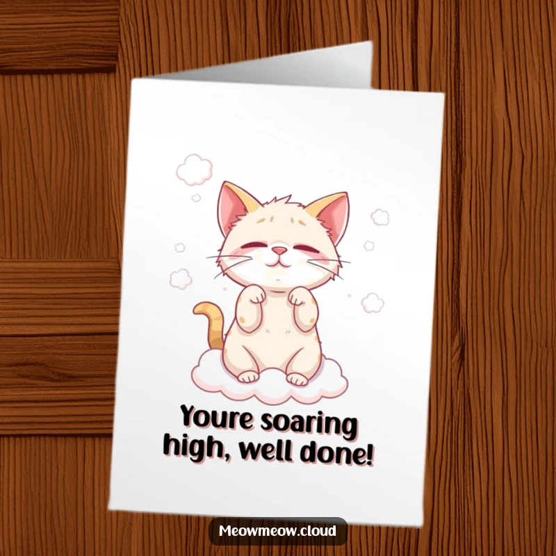 Funny Free Printable Congratulations Card: Mischievous cat playing with fluffy cloud wisps, celebrating a playful win.