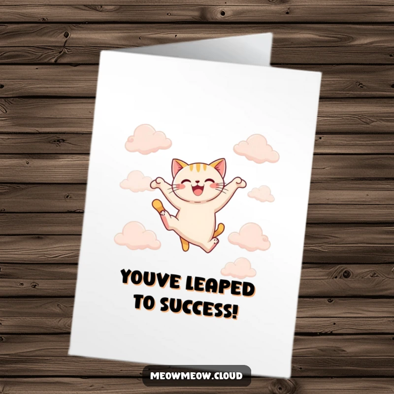 Funny Free Printable Congrats Card: A cat performs a joyful, mid-air leap between fluffy clouds.