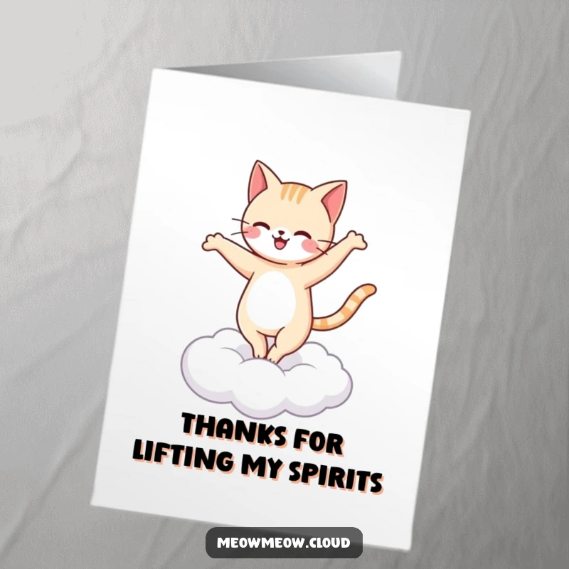 Funny Free Printable Thank You Card featuring a happy cat performing a ballet pirouette on a cloud.