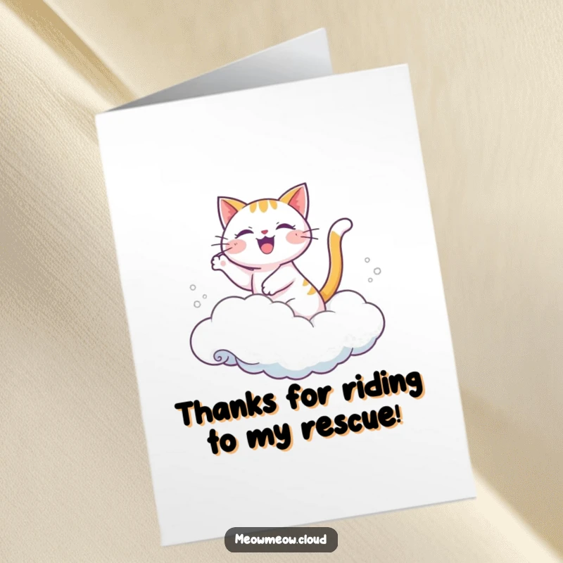 Funny Free Printable Thank You Card: A happy cat gracefully rides a cloud like a perfect surfing wave.