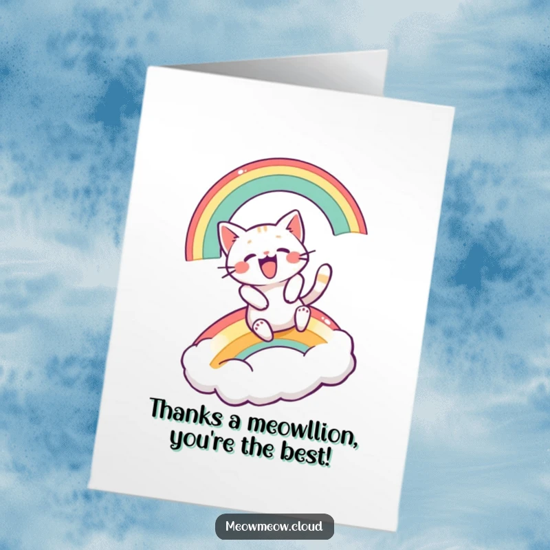 Funny Free Printable Thank You Card: A cat joyfully slides down a rainbow, landing softly on a cloud.