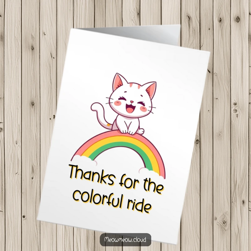 Funny Free Printable Thank You Card: A happy cat sliding down a rainbow, a fun way to say thank you