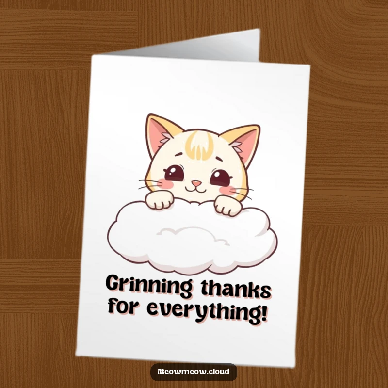 Funny Free Printable Thank You Card: A cat with a wide, cheeky grin peeks over a cloud, offering thanks.
