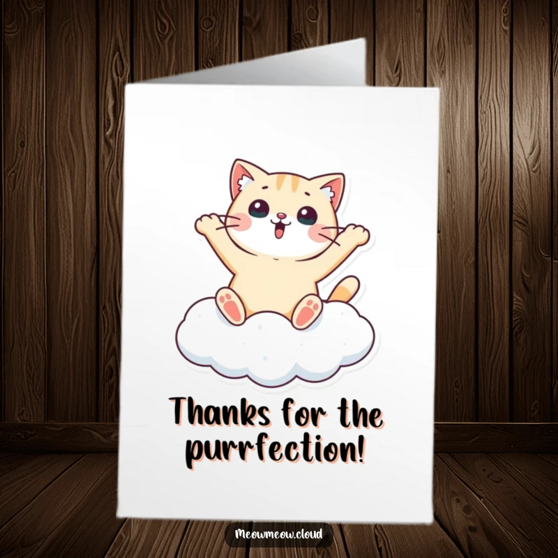 Funny free printable thank you card with a surprised cat making a snow angel on a cloud, expressing thanks.