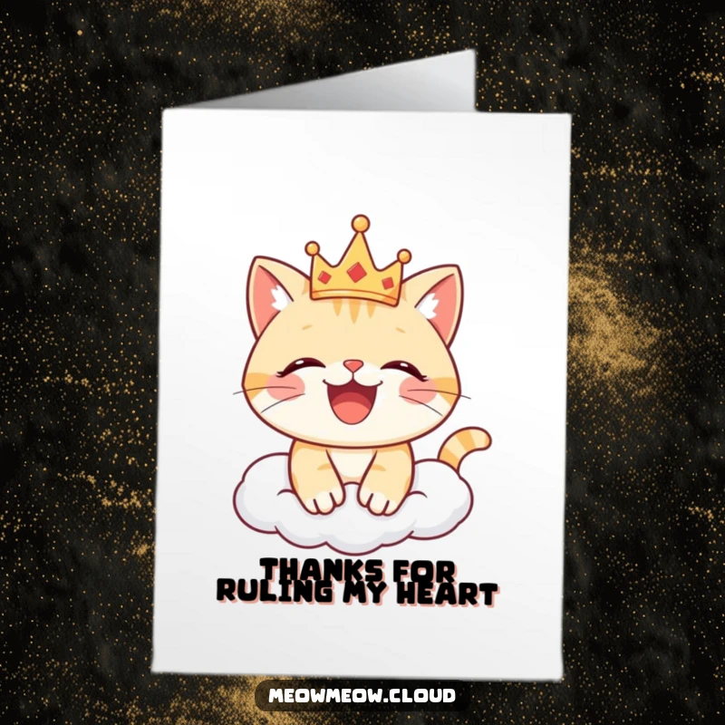 Funny Free Printable Thank You Card: Joyful cat wearing crown on cloud, thankful expression, downloadable greeting.