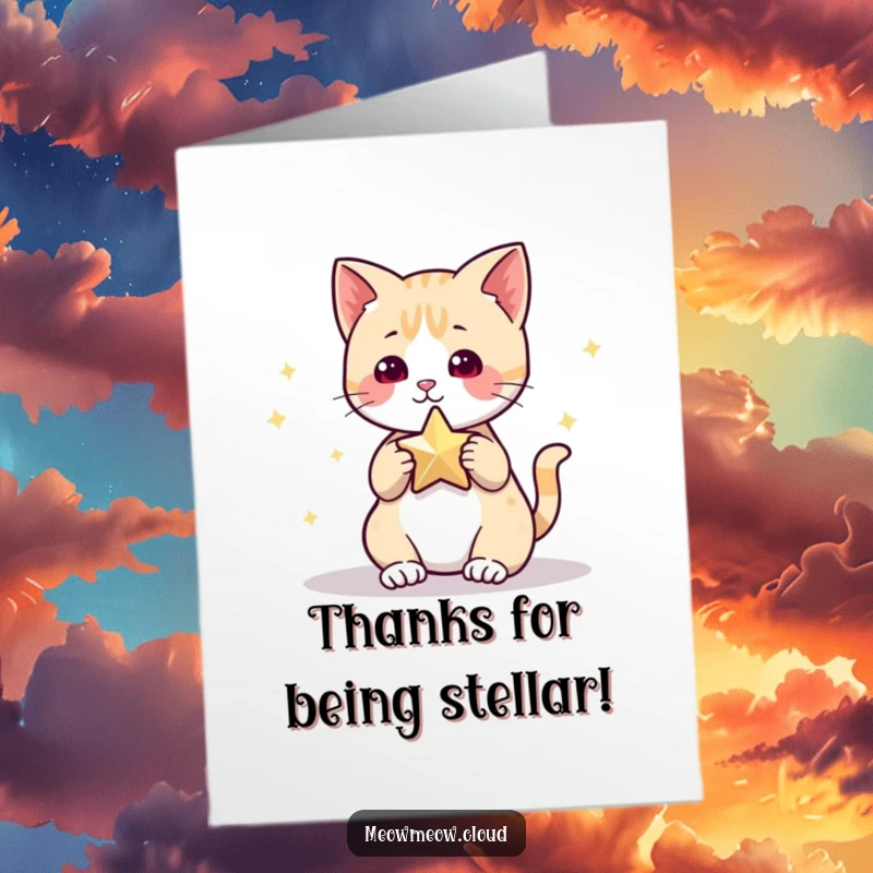 Funny Free Printable Thank You Card: Cute cat reaching for a magical star, expressing gratitude with charm.