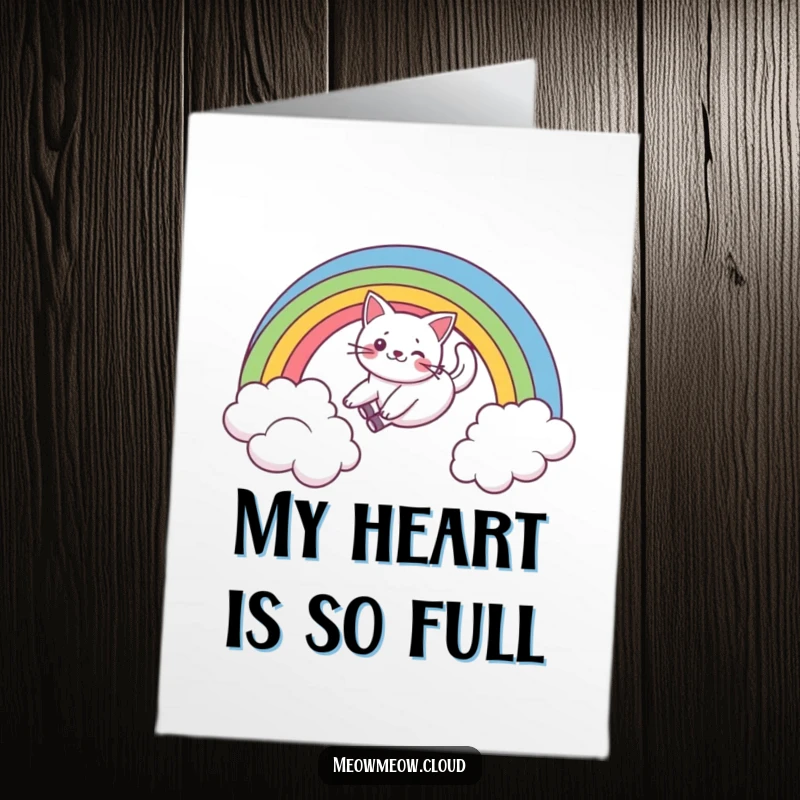 Funny Free Printable Thank You Card: A playful cat slides down a rainbow, expressing thanks with a cheerful vibe.