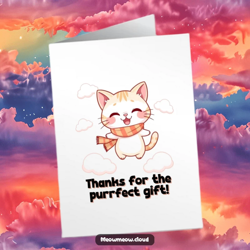 Funny Free Printable Thank You Card: Adorable cat in a scarf jumps between clouds, conveying thanks.