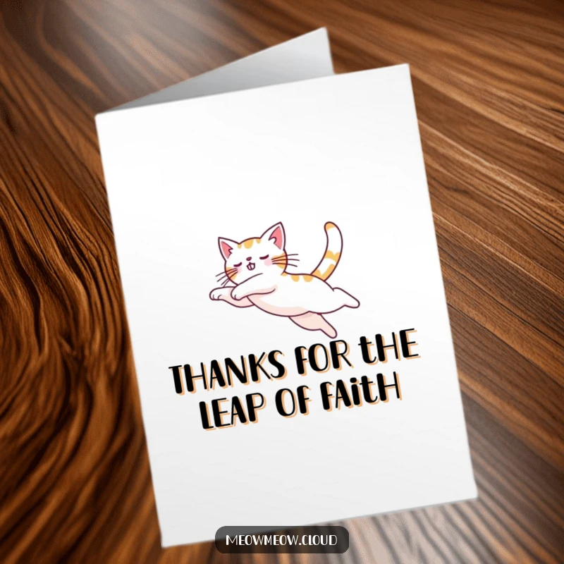 Funny Free Printable Thank You Card of a cat making a graceful arc in the sky, a dynamic way to express thanks.