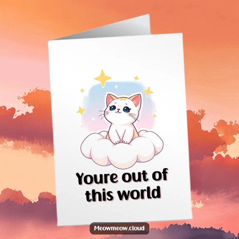 Funny Free Printable Thank You Card: A dreamy cat observes the stars from a cloud, sending celestial thanks.