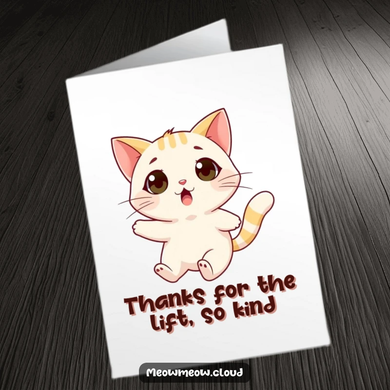 Funny Free Printable Thank You Card of a cat looking surprised as a wind gust playfully carries it away.