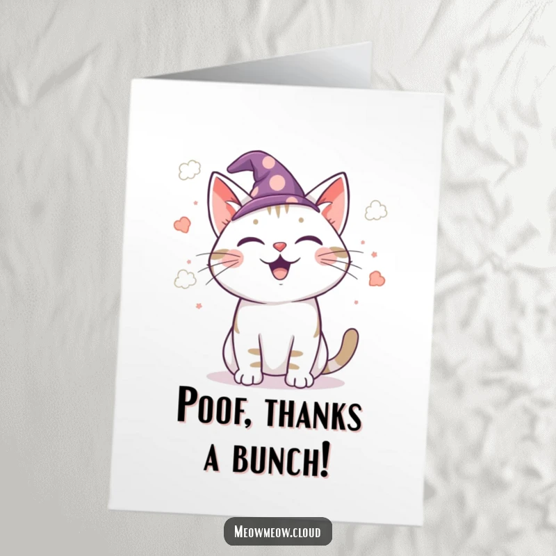 Funny Free Printable Wizard Cat Thank You Card: Joyful cat in wizard hat casting confetti to show thanks.