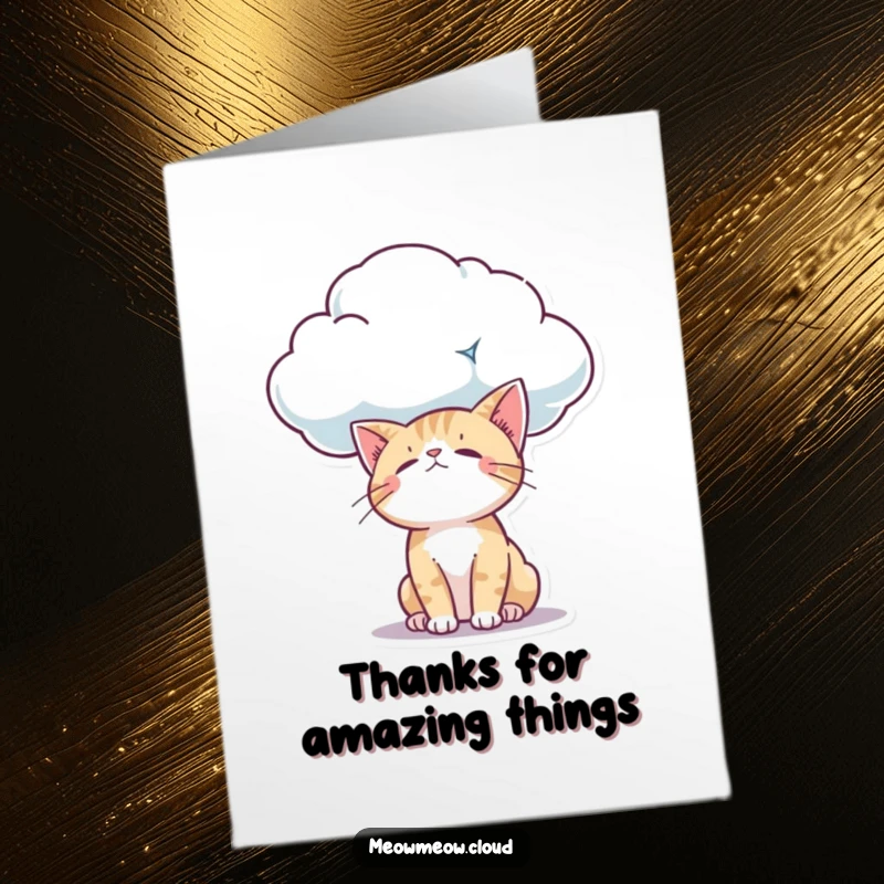 Funny Free Printable Thank You Card: A curious cat gazes down from a cloud, conveying thanks with gentle wonder.