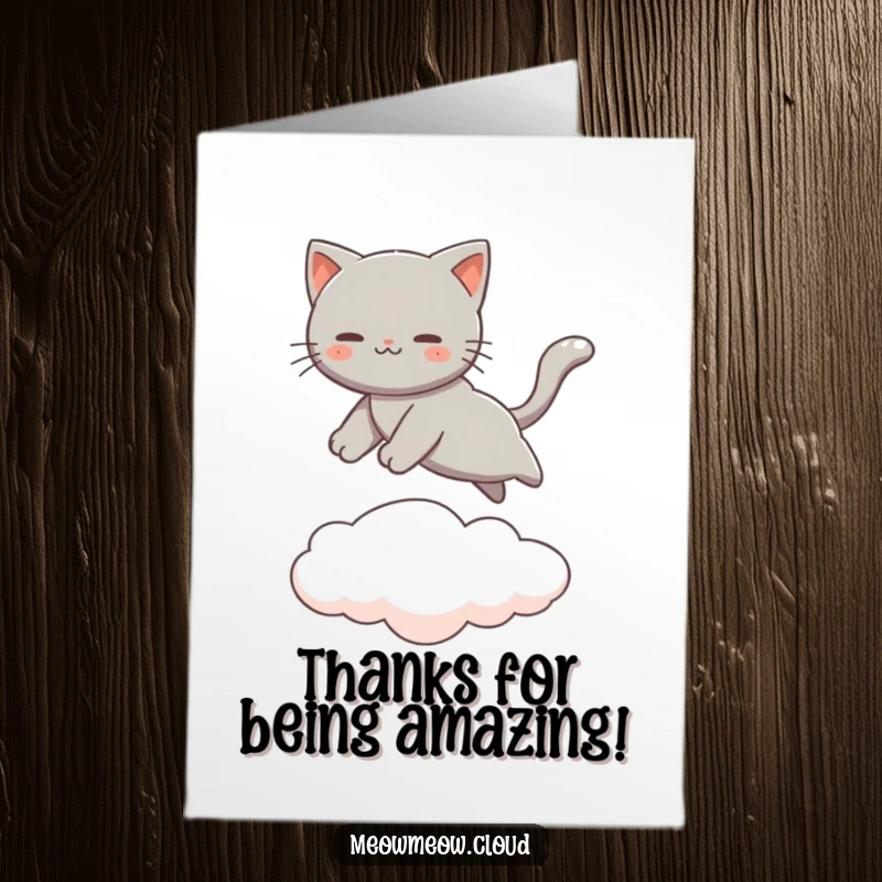 Funny free printable thank you card: a gray cat leaping between clouds, conveying thanks with elegance.