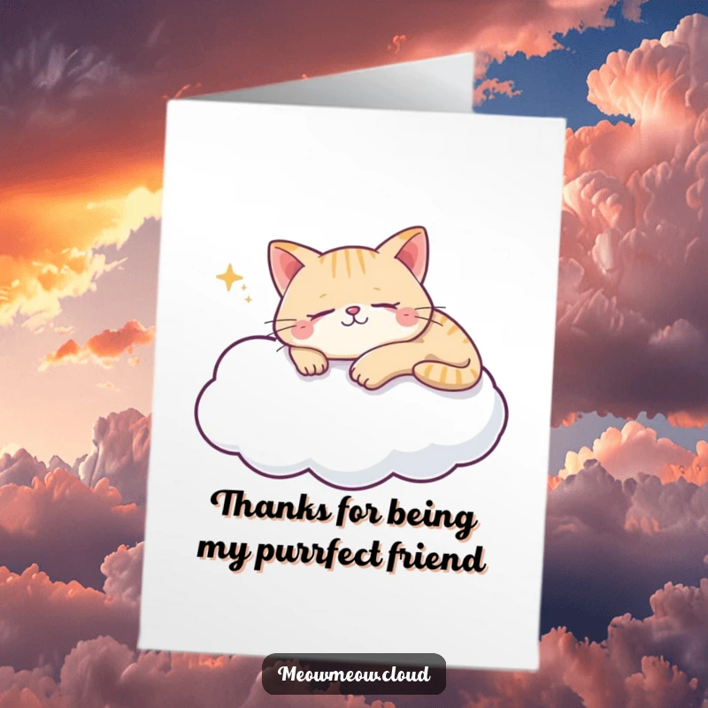 Funny Free Printable Thank You Card: Content cat sleeping soundly on a soft cloud, sending peaceful thanks.